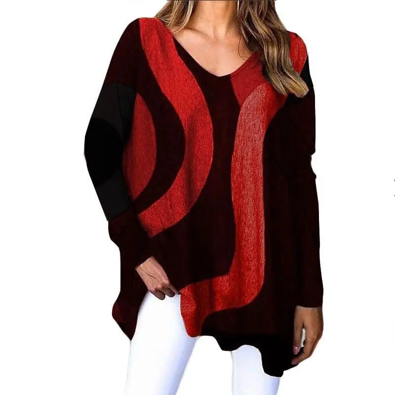 Striped Long Sleeve Printed T-Shirt Fashion V-Neck Streetwear Ladies Large Size Casual Top - Blade & Thread