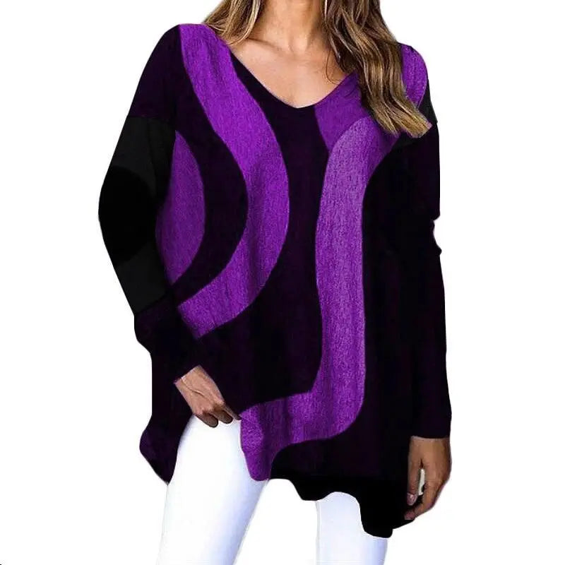 Striped Long Sleeve Printed T-Shirt Fashion V-Neck Streetwear Ladies Large Size Casual Top - Blade & Thread