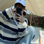 Striped POLO Shirt Men Women Casual Loose Couple BF Lapel Sweatshirts nowadaysfashion