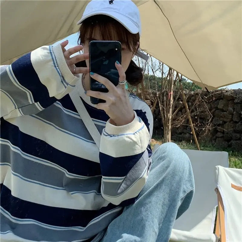 Striped POLO Shirt Men Women Casual Loose Couple BF Lapel Sweatshirts nowadaysfashion