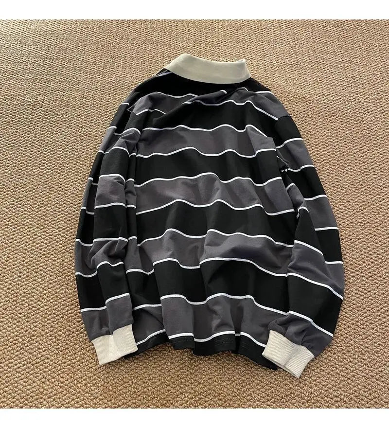 Striped POLO Shirt Men Women Casual Loose Couple BF Lapel Sweatshirts - Blade & Thread