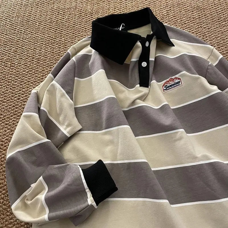 Striped POLO Shirt Men Women Casual Loose Couple BF Lapel Sweatshirts - Blade & Thread
