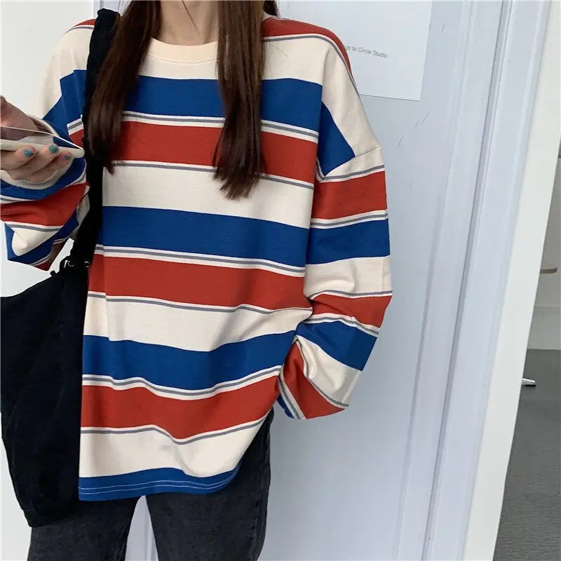 Striped POLO Shirt Men Women Casual Loose Couple BF Lapel Sweatshirts - Blade & Thread