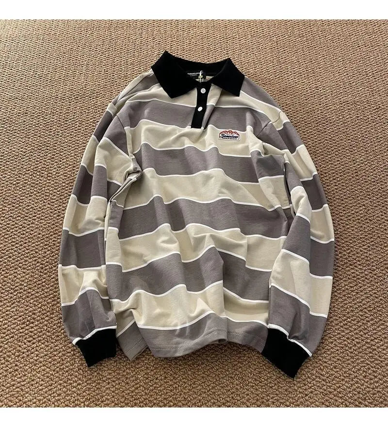 Striped POLO Shirt Men Women Casual Loose Couple BF Lapel Sweatshirts - Blade & Thread