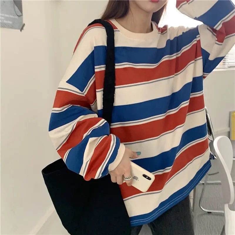Striped POLO Shirt Men Women Casual Loose Couple BF Lapel Sweatshirts - Blade & Thread