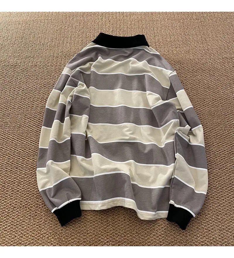 Striped POLO Shirt Men Women Casual Loose Couple BF Lapel Sweatshirts - Blade & Thread