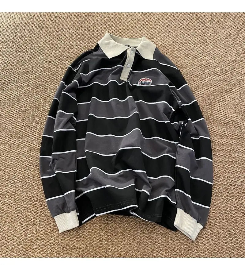 Striped POLO Shirt Men Women Casual Loose Couple BF Lapel Sweatshirts - Blade & Thread