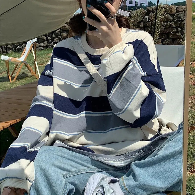 Striped POLO Shirt Men Women Casual Loose Couple BF Lapel Sweatshirts - Blade & Thread