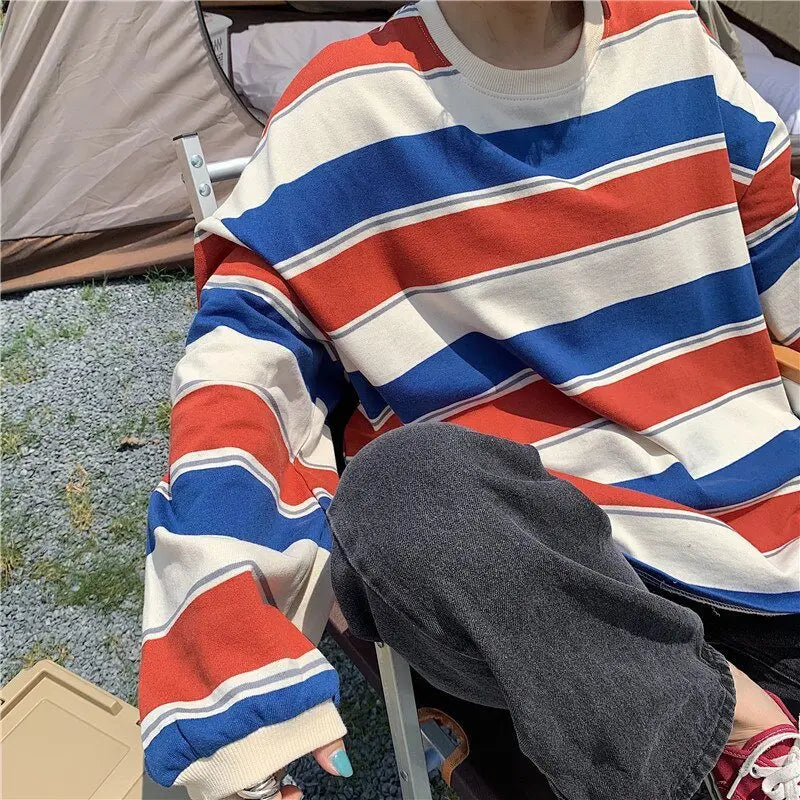 Striped POLO Shirt Men Women Casual Loose Couple BF Lapel Sweatshirts - Blade & Thread