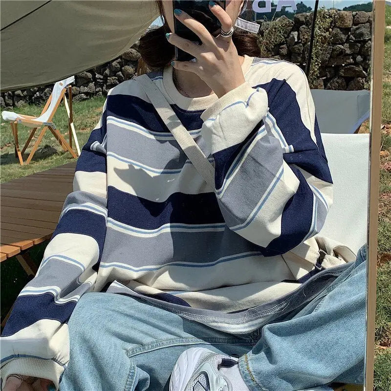 Striped POLO Shirt Men Women Casual Loose Couple BF Lapel Sweatshirts - Blade & Thread
