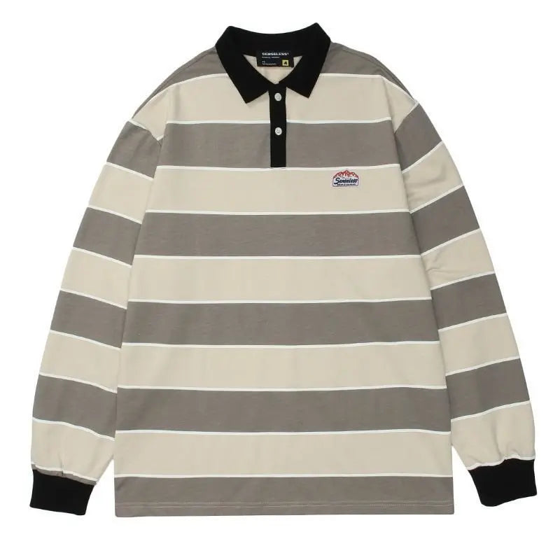 Striped POLO Shirt Men Women Casual Loose Couple BF Lapel Sweatshirts - Blade & Thread
