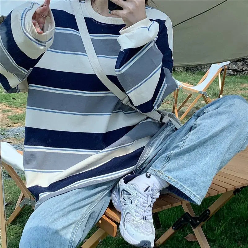 Striped POLO Shirt Men Women Casual Loose Couple BF Lapel Sweatshirts - Blade & Thread