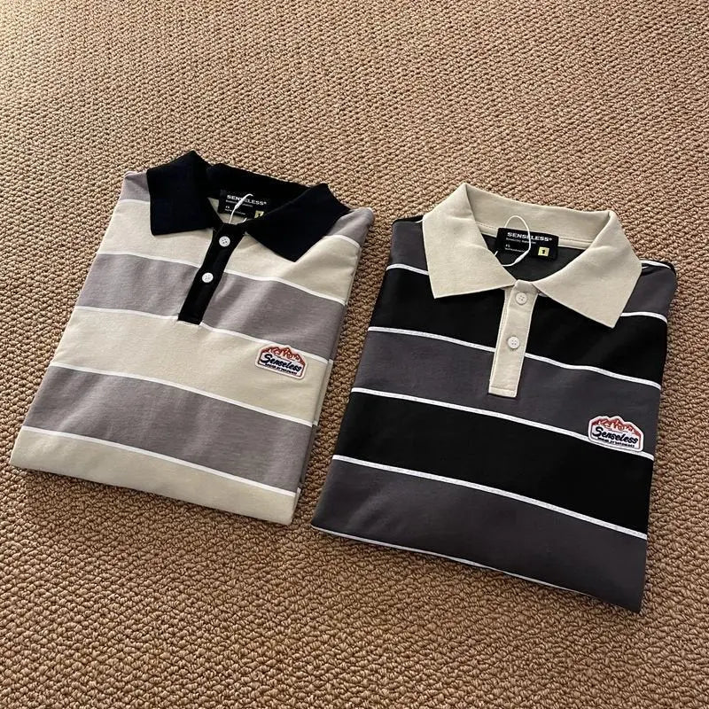 Striped POLO Shirt Men Women Casual Loose Couple BF Lapel Sweatshirts - Blade & Thread