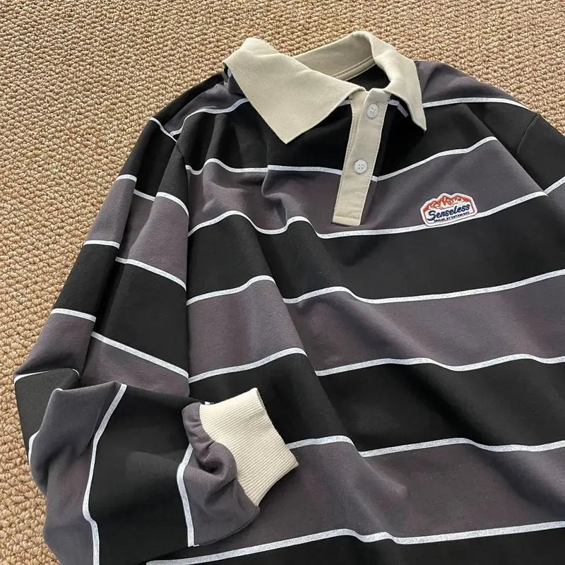 Striped POLO Shirt Men Women Casual Loose Couple BF Lapel Sweatshirts - Blade & Thread