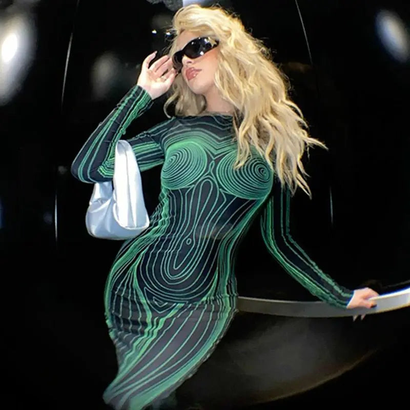 Striped Print Long Sleeve See Through Sexy Bodycon Maxi Dress - Blade & Thread