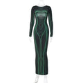 Striped Print Long Sleeve See Through Sexy Bodycon Maxi Dress nowadaysfashion