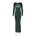 Striped Print Long Sleeve See Through Sexy Bodycon Maxi Dress nowadaysfashion