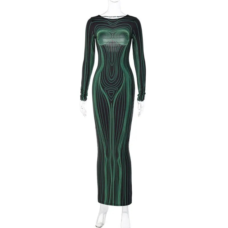 Striped Print Long Sleeve See Through Sexy Bodycon Maxi Dress - Blade & Thread