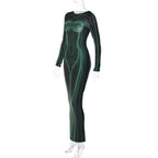Striped Print Long Sleeve See Through Sexy Bodycon Maxi Dress nowadaysfashion