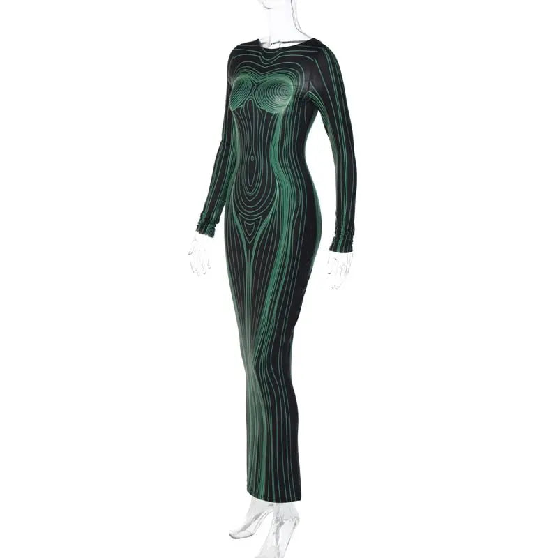 Striped Print Long Sleeve See Through Sexy Bodycon Maxi Dress - Blade & Thread