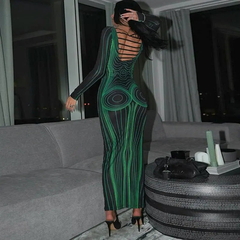 Striped Print Long Sleeve See Through Sexy Bodycon Maxi Dress - Blade & Thread