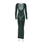 Striped Print Long Sleeve See Through Sexy Bodycon Maxi Dress nowadaysfashion
