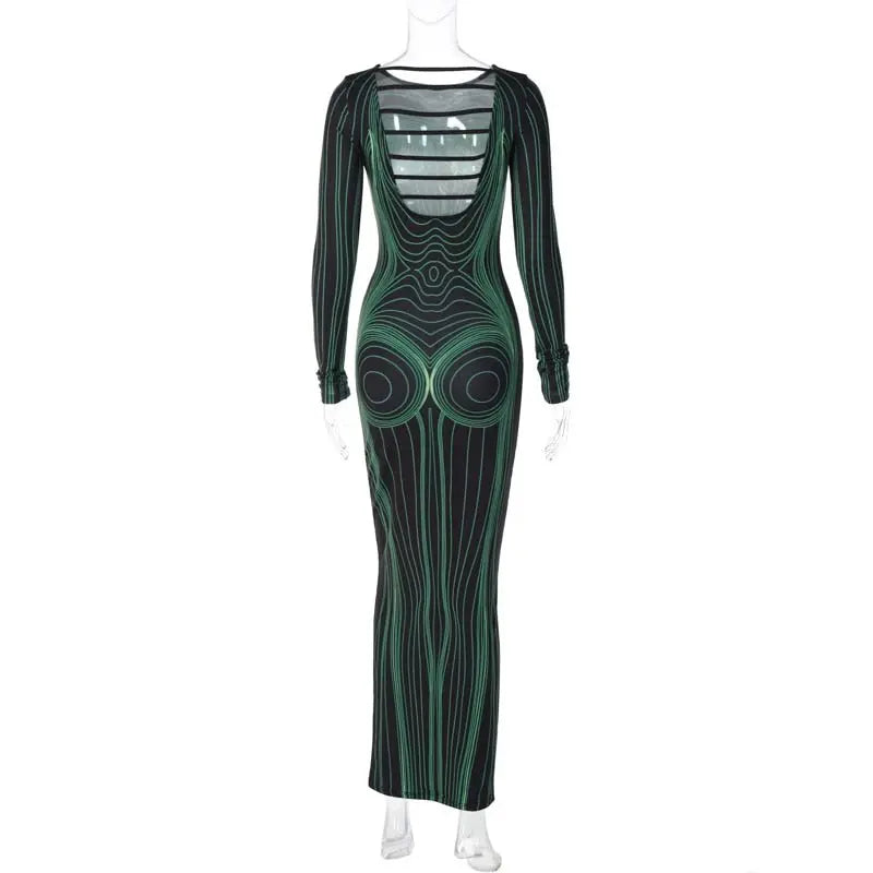 Striped Print Long Sleeve See Through Sexy Bodycon Maxi Dress - Blade & Thread