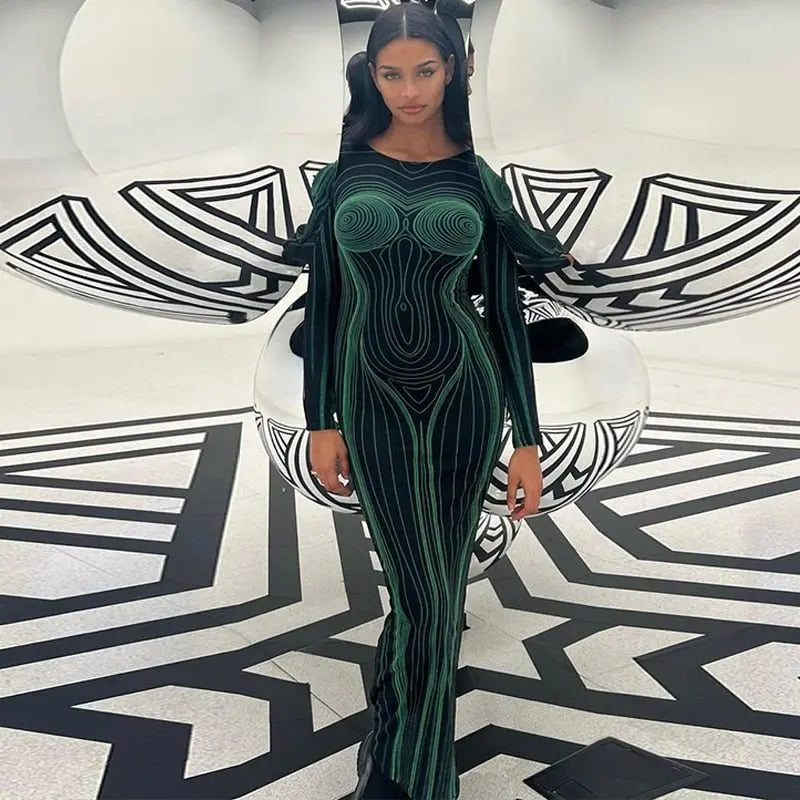 Striped Print Long Sleeve See Through Sexy Bodycon Maxi Dress - Blade & Thread