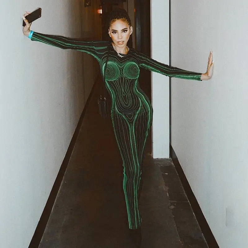 Striped Print Long Sleeve See Through Sexy Bodycon Maxi Dress nowadaysfashion