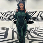 Striped Print Long Sleeve See Through Sexy Bodycon Maxi Dress nowadaysfashion