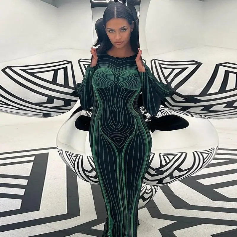 Striped Print Long Sleeve See Through Sexy Bodycon Maxi Dress - Blade & Thread