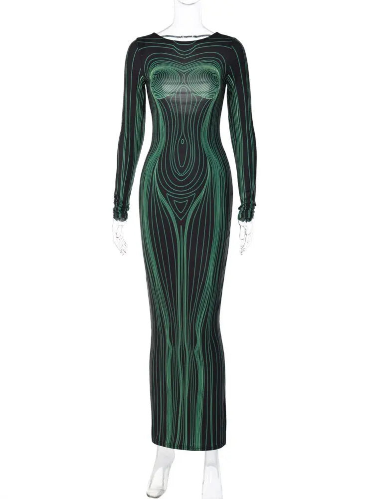 Striped Print Long Sleeve See Through Sexy Bodycon Maxi Dress nowadaysfashion