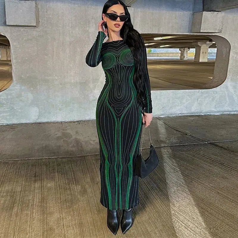 Striped Print Long Sleeve See Through Sexy Bodycon Maxi Dress - Blade & Thread