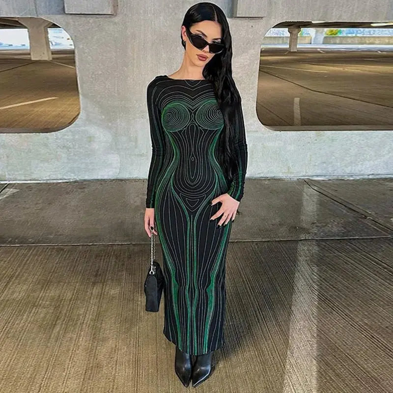 Striped Print Long Sleeve See Through Sexy Bodycon Maxi Dress - Blade & Thread