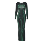 Striped Print Long Sleeve See Through Sexy Bodycon Maxi Dress nowadaysfashion
