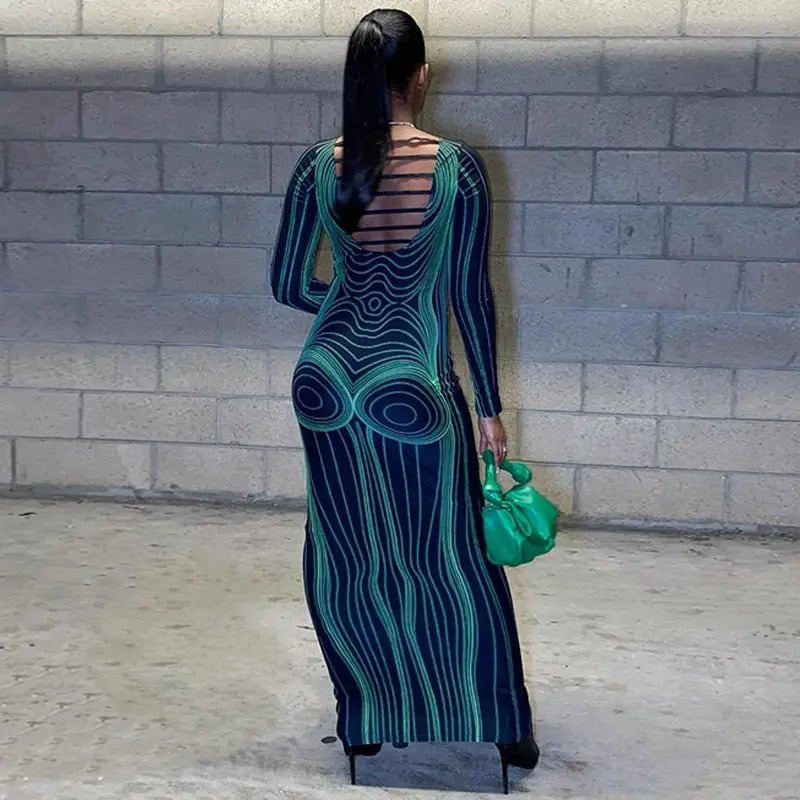 Striped Print Long Sleeve See Through Sexy Bodycon Maxi Dress - Blade & Thread