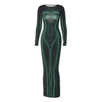 Striped Print Long Sleeve See Through Sexy Bodycon Maxi Dress nowadaysfashion