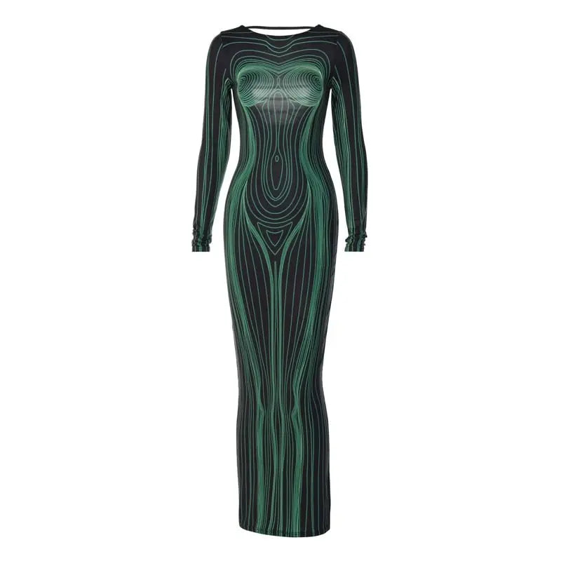 Striped Print Long Sleeve See Through Sexy Bodycon Maxi Dress - Blade & Thread