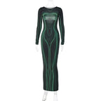 Striped Print Long Sleeve See Through Sexy Bodycon Maxi Dress nowadaysfashion