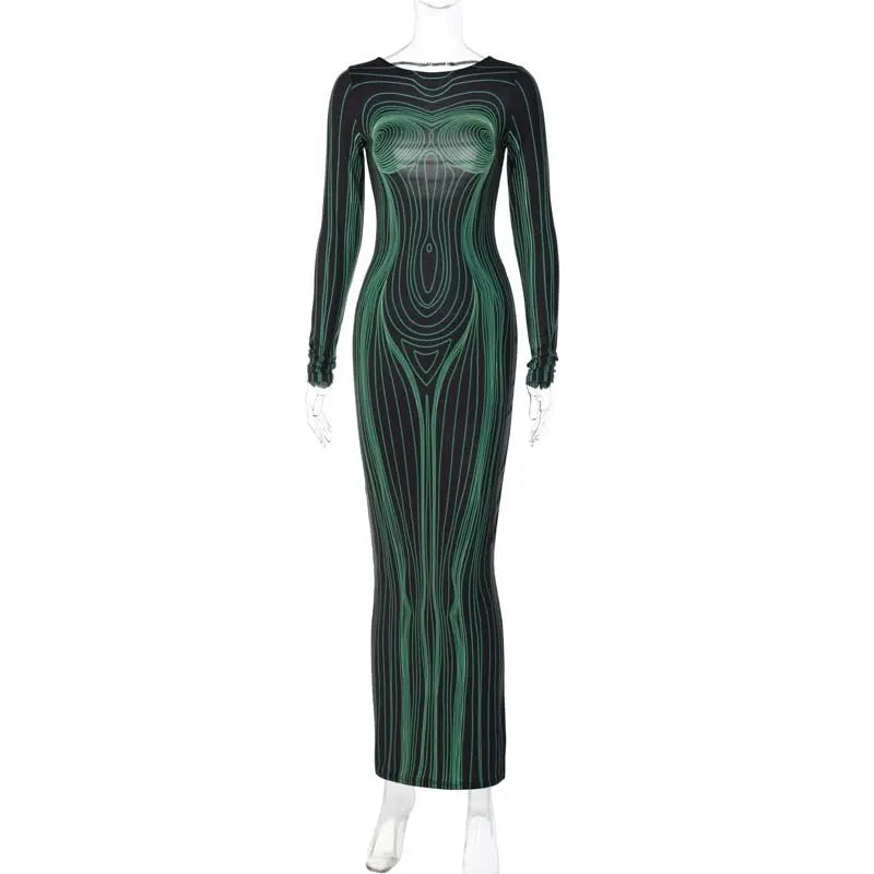Striped Print Long Sleeve See Through Sexy Bodycon Maxi Dress - Blade & Thread