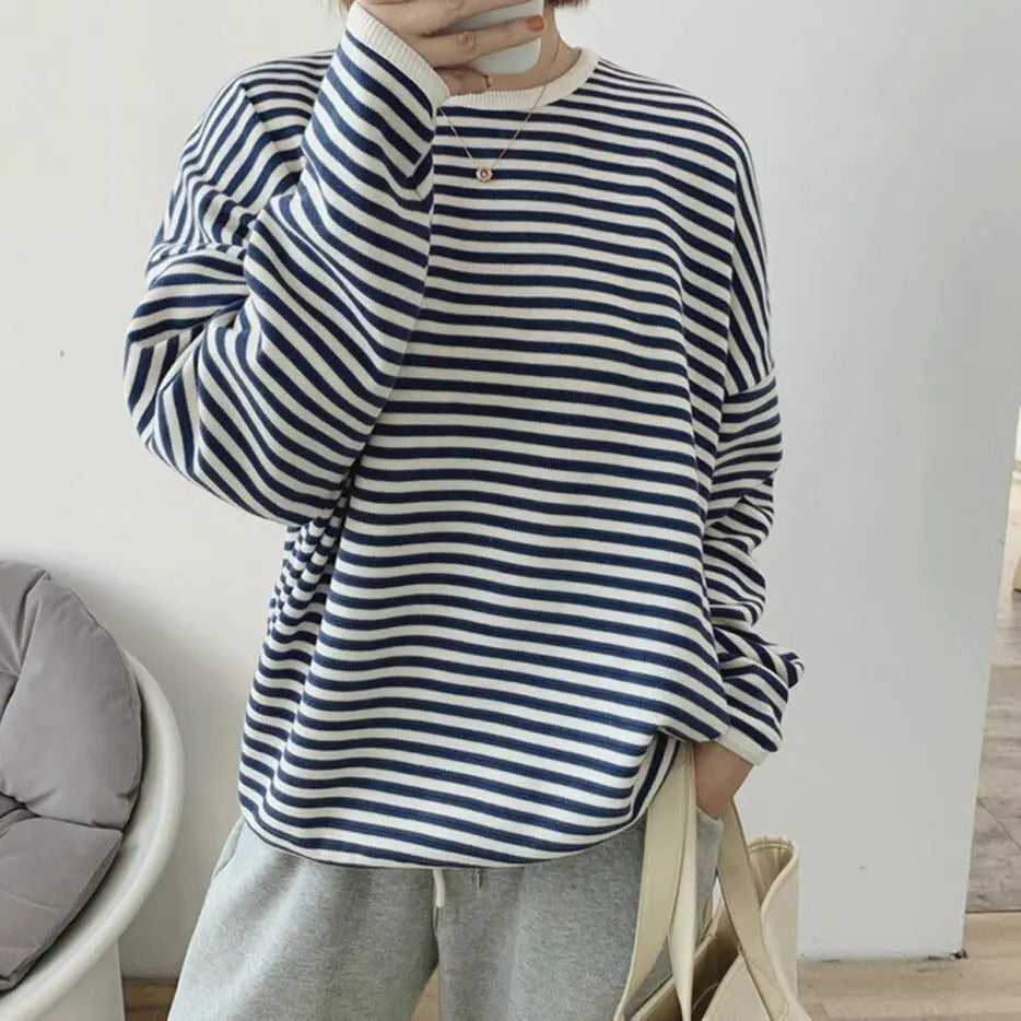 Striped Pullovers Women Knitted Cotton Sweatshirts Female Long-sleeved Loose Tops nowadaysfashion