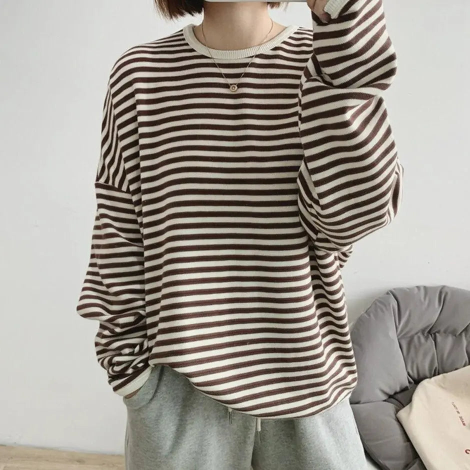 Striped Pullovers Women Knitted Cotton Sweatshirts Female Long-sleeved Loose Tops - Blade & Thread