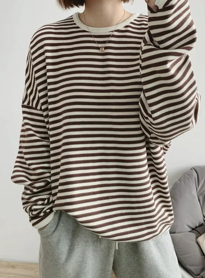 Striped Pullovers Women Knitted Cotton Sweatshirts Female Long-sleeved Loose Tops - Blade & Thread