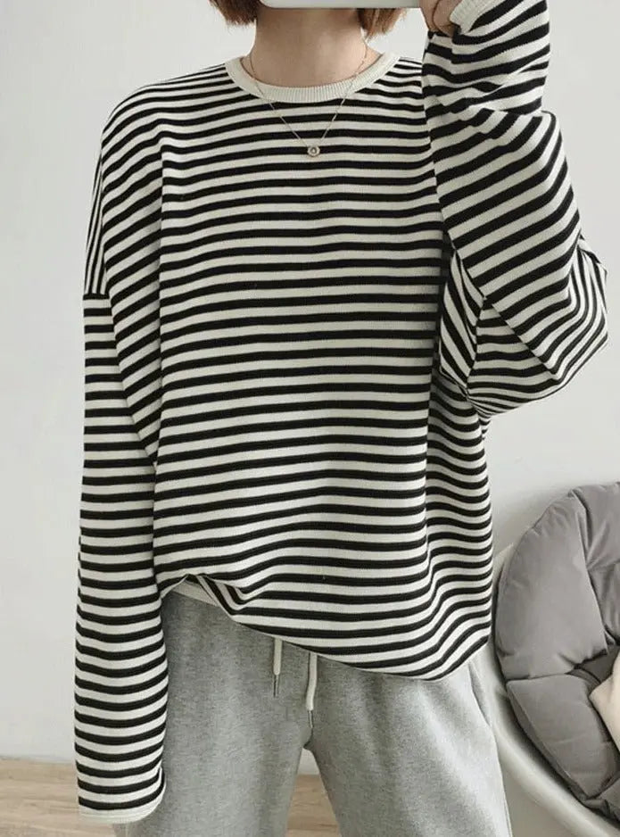 Striped Pullovers Women Knitted Cotton Sweatshirts Female Long-sleeved Loose Tops - Blade & Thread