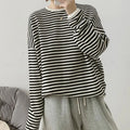 Striped Pullovers Women Knitted Cotton Sweatshirts Female Long-sleeved Loose Tops nowadaysfashion