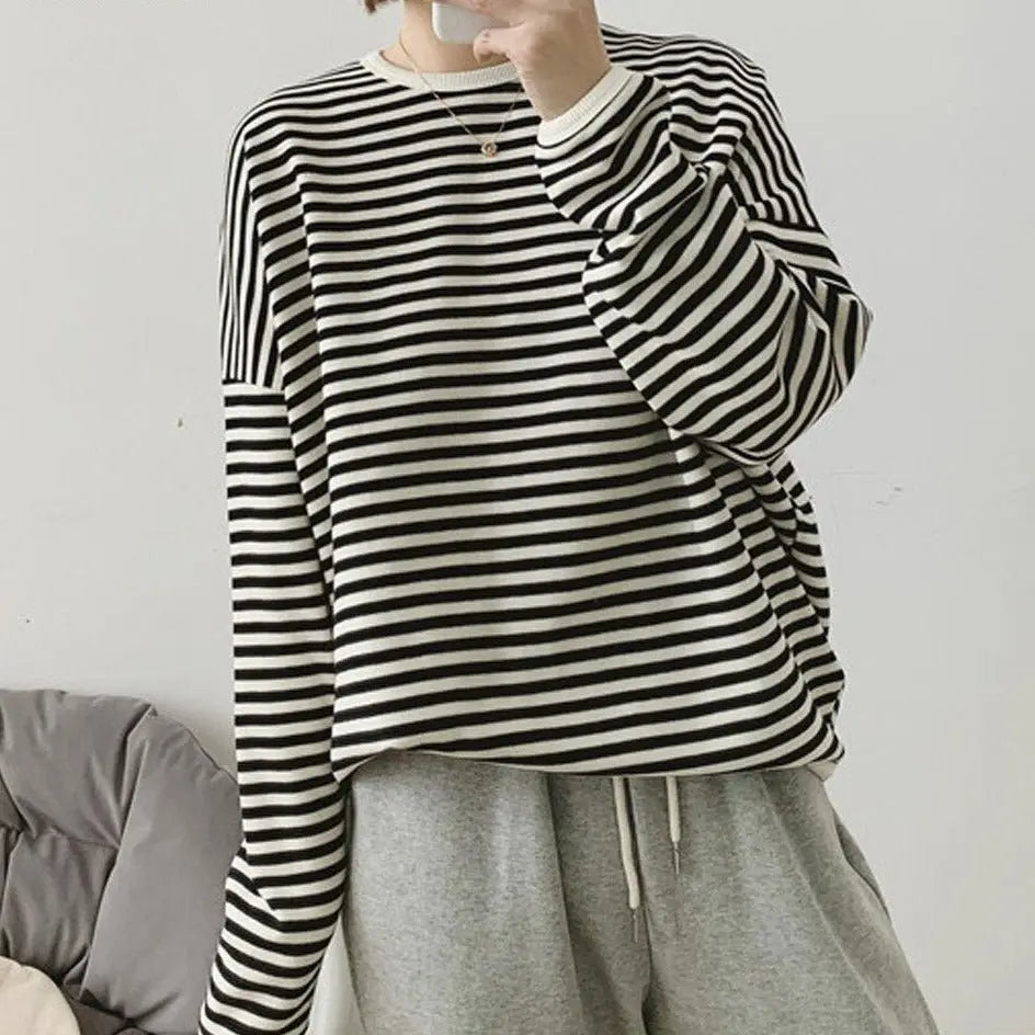 Striped Pullovers Women Knitted Cotton Sweatshirts Female Long-sleeved Loose Tops - Blade & Thread