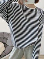 Striped Pullovers Women Knitted Cotton Sweatshirts Female Long-sleeved Loose Tops nowadaysfashion