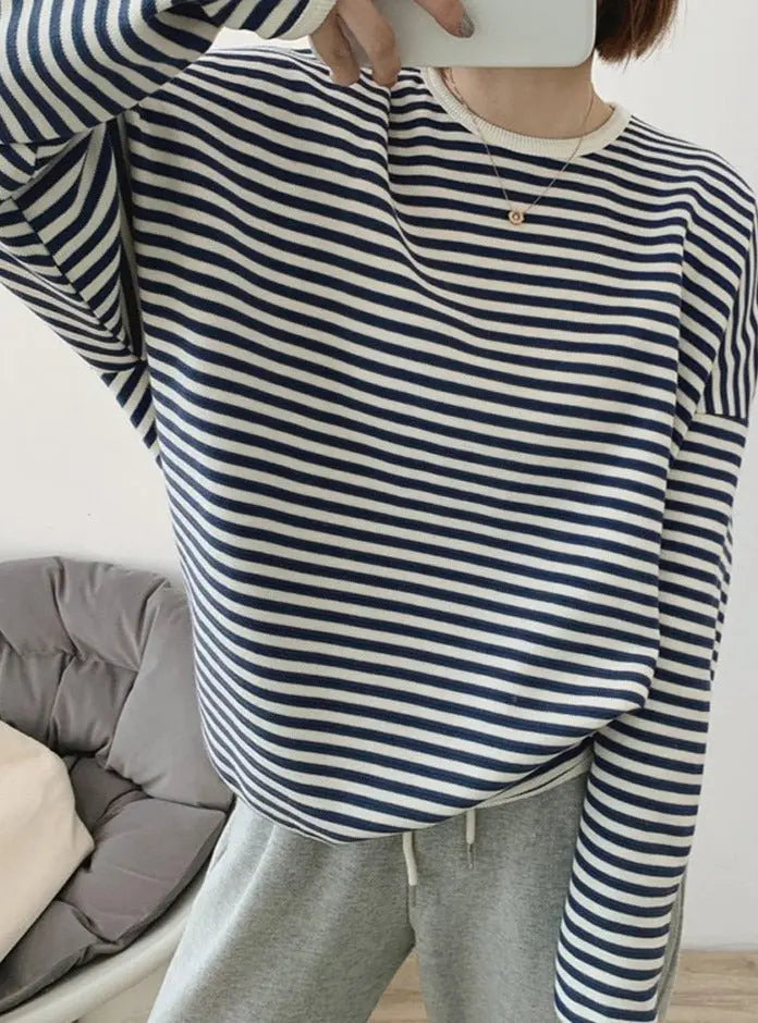 Striped Pullovers Women Knitted Cotton Sweatshirts Female Long-sleeved Loose Tops - Blade & Thread