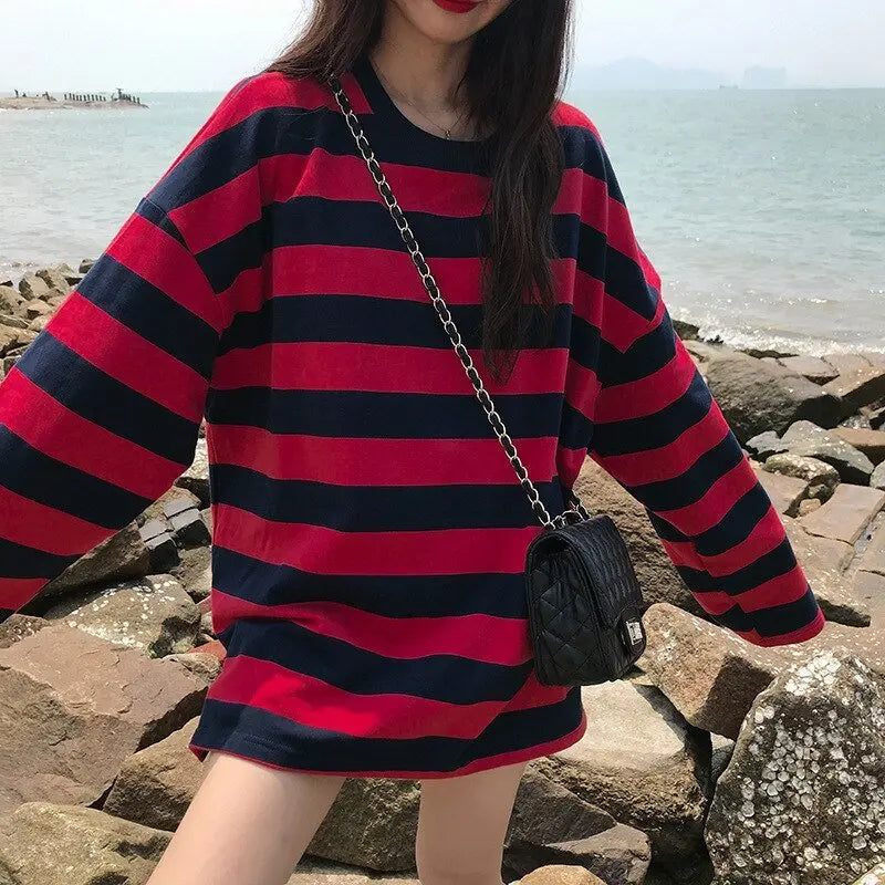 Striped Shirt Blouse Harajuku Couple Tops Woman T-Shirt Spring Long Sleeve Gothic Shirts - Blade & Thread