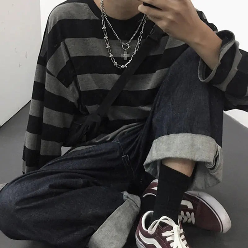 Striped Shirt Blouse Harajuku Couple Tops Woman T-Shirt Spring Long Sleeve Gothic Shirts - Blade & Thread